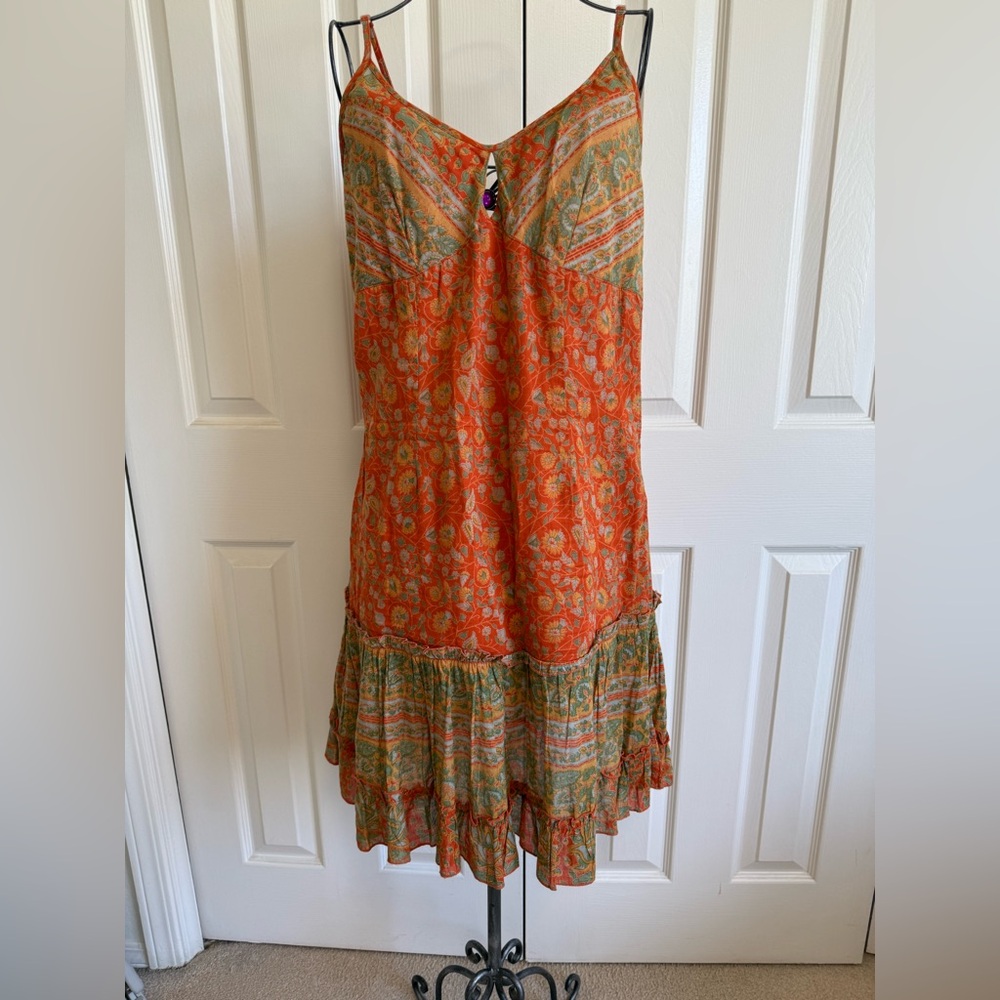 Solitaire Orange Paisley Midi Dress with Ruffle Hem, adjustable straps.L